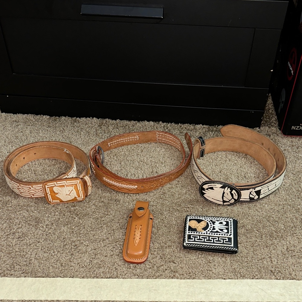 3 Tan and Black Belts Set with wallet and knife cover